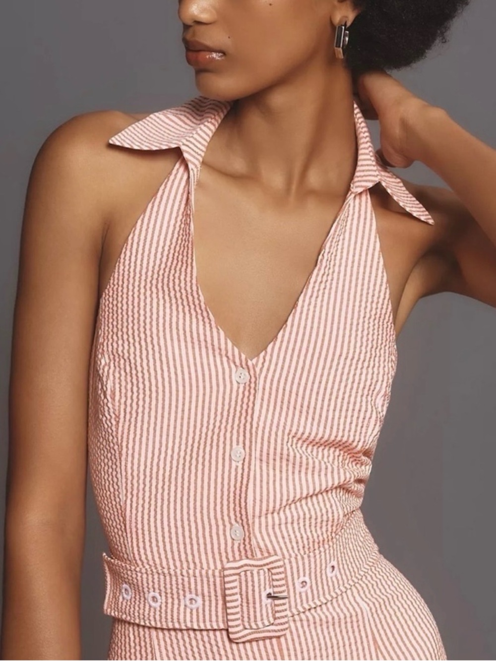 Maeve Pink and White Striped Halter Mini Dress